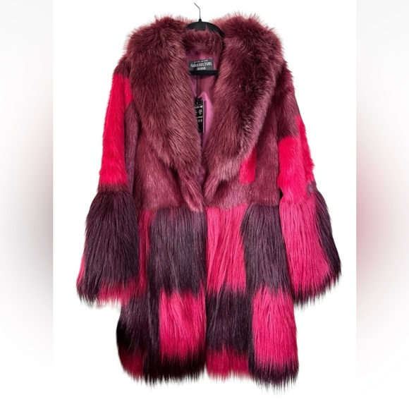 NWT Fabulous Furs by Donna Salyers M Starlet Red Faux Fur Coat Color Block - Picture 2 of 4